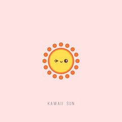 Cute Kawaii Sun with happy Face. Blinking eye. Minimalistic outline Icon. Colorful Vector illustration. Japanese manga style. Cartoon character. Sun is isolated on pink background. Logo, print idea