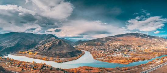 Mtskheta, Georgia. Top View Of Ancient Town Located At Valley Of Confluence Of Rivers Mtkvari Kura...