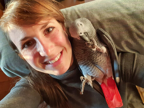 SELFIE: Cute shot of a friendly parrot lying on its cheerful owner's shoulder.