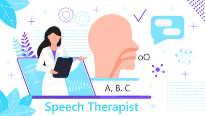 Speech therapist for online consultation concept vector. Family doctor for remote and distance medical support. Psychological help service after a stroke for patients.
