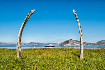 Tourist boat anchored in front of Ittygran Island, Chukotka, Russia