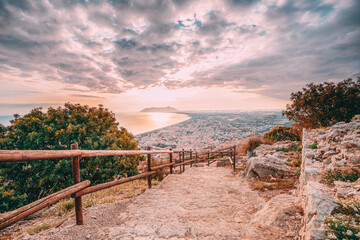 Terracina, Italy. Road To Temple Of Jupiter Anxur And Top View Skyline Cityscape City In Sunset Or...