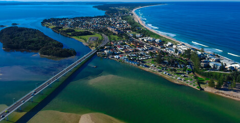 Drone Aerial view of The Entrance NSW Australia blue bay waters great beach and sandy bars