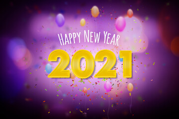Happy New Year 2021, New Year greeting card concept with colorful party theme, balloons and confetti