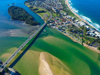 Drone Aerial view of The Entrance NSW Australia blue bay waters great beach and sandy bars