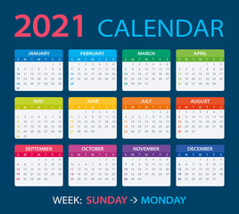 2021 Calendar - vector illustration, Sunday to Monday