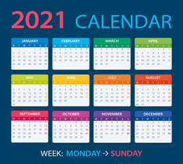 2021 Calendar - vector illustration, Monday to Sunday