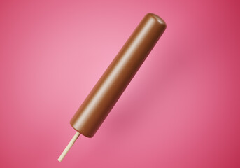 Brown chocolate popsicle ice cream on a colorful pink background. Refreshing summer sweet. Realistic 3D Illustration