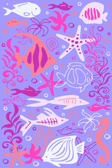Сolorful vertical pattern with cartoon fishes. Vector set. Hand drawing.