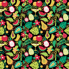 Hawaiian seamless pattern with tropical fruits and flowers. Vector illustration surface print on black background.
