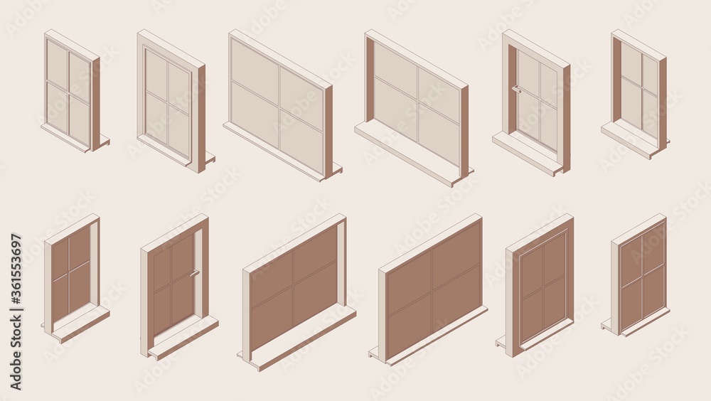Poster isometric outline set of closed windows with sill and low tide in various foreshortening views