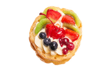 Home made cake with cream and fruits isolated.