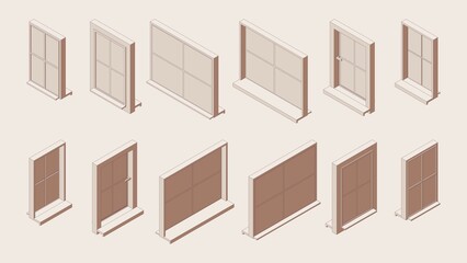 Isometric outline set of closed windows with sill and low tide in various foreshortening views