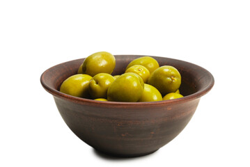 Olives in ceramic brown bowl isolated on white