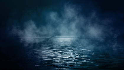 Dark dramatic background. Wet asphalt, smoke and fog. Neon light spotlight. 3d illustration - 361554427