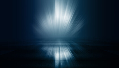 Dark dramatic background. Wet asphalt, smoke and fog. Neon light spotlight. 3d illustration