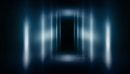 Dark dramatic background. Wet asphalt, smoke and fog. Neon light spotlight. 3d illustration