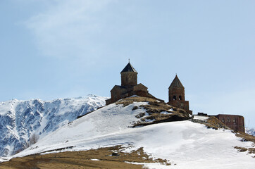 Gergeti Trinity Church also known as Holy Trinity Church near the village of Gergeti in Georgia