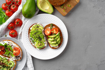 Toasted avocado sandwich for breakfast, top view