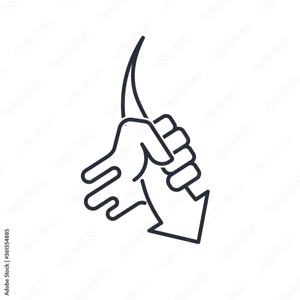 Poster hand holds down arrow. vector linear icon isolated on white background.
