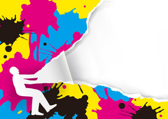 




Color Print Promotion Template with CMYK splash.
Paper man silhouette ripping paper with print colors splatters. Place for your text or image. Vector available.