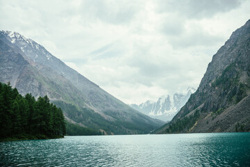 Fototapeta premium Amazing view to meditative ripples on azure clear calm water of mountain lake on background of snowy mountains. Atmospheric scenery with alpine lake, trees and glacier. Relax waves on turquoise water.