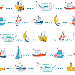 Kids sea seamless pattern with ship, sailboat, submarine, steamship, fishing boat in cartoon style. Cute texture for kids room, Wallpaper, textiles, wrapping paper, apparel. Vector illustration