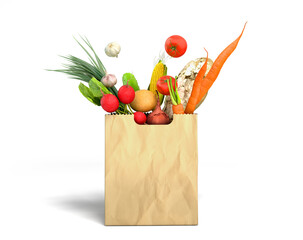 fresh food in a paper bag for products 3d render on white