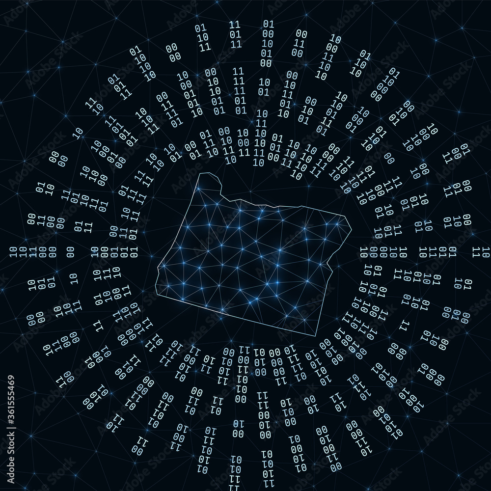 Poster oregon digital map. binary rays radiating around glowing us state. internet connections and data exc