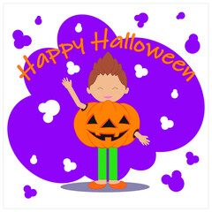 White children's Halloween card with violet elements. A child in a pumpkin costume waves his hand. Top orange text Happy Halloween. Flat vector illustration, layered. Each layer and group are named.