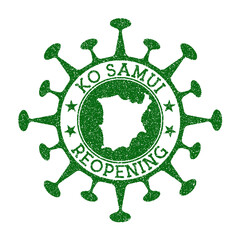 Ko Samui Reopening Stamp. Green round badge of island with map of Ko Samui. Island opening after lockdown. Vector illustration.