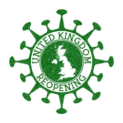 United Kingdom Reopening Stamp. Green round badge of country with map of United Kingdom. Country opening after lockdown. Vector illustration.