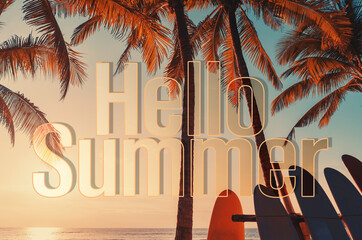 Hello summer words on tropical palm tree background. Summer vacation and travel holiday concept. © tonktiti