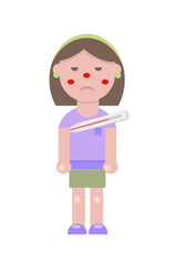 A young girl in a flat style caught a virus or a cold flu. She has a thermometer under her arm. She is with a high fever, headache and red nose. Vector simple illustration in flat style.