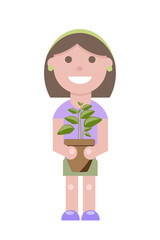 Happy young girl with a plant in a pot in flat stile isolated on white background. Home gardening concept. Vector simple illustration. Usable as icon or symbol. Decoration element.	
