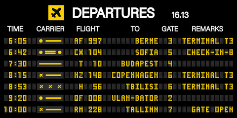 Airport scoreboard according to the mechanical schedule. Vector illustration