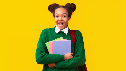 Beautiful young black woman with colorful notebooks at studio