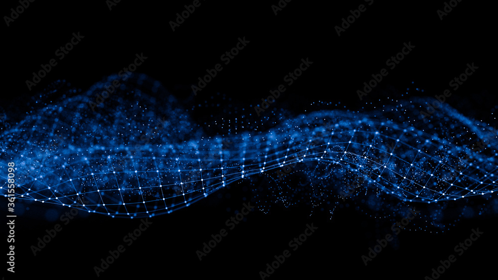 Fototapete Abstract 3d rendering futuristic lines. computer geometric digital connection structure. Futuristic black abstract grid. Plexus with particles. Intelligence artificial
