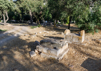 Tombstones over graves in the abandoned Arab cemetery in the quarter of Mamila in Jerusalem, Israel