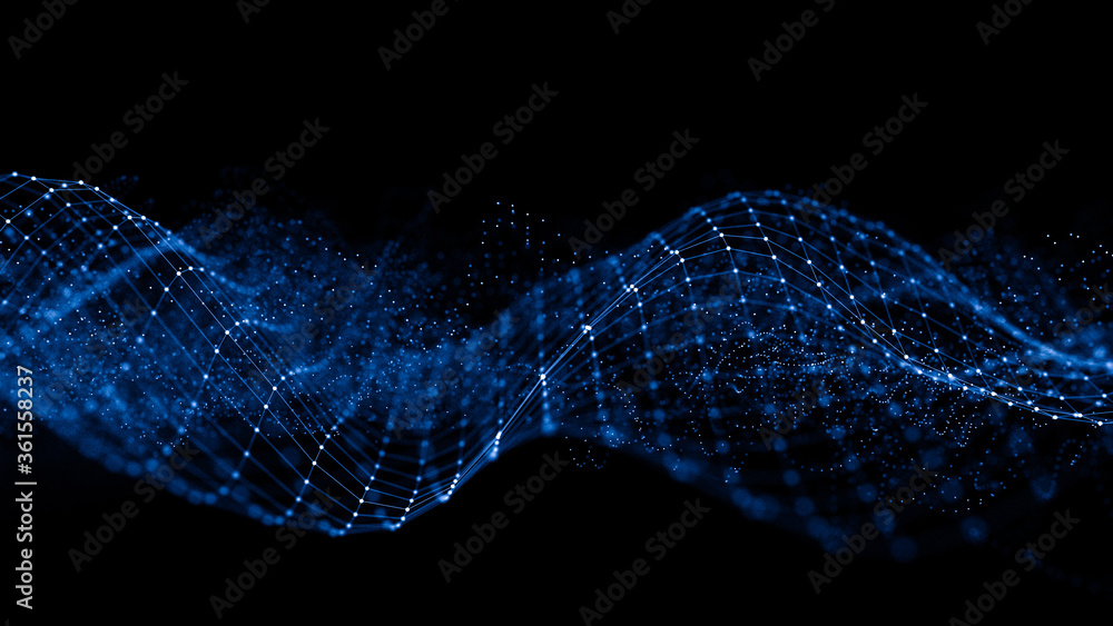 Fototapete Abstract 3d rendering futuristic lines. computer geometric digital connection structure. Futuristic black abstract grid. Plexus with particles. Intelligence artificial