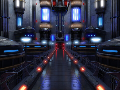 3d render of a shiny sci-fi scene with a link walkway to a level of metal and concrete chamber