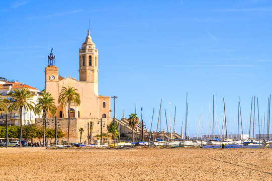View of Sant Bartomeu and Santa Tecla church in Sitges. Spain.