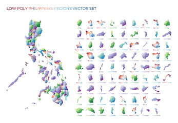 Filipino low poly regions. Polygonal map of Philippines with regions. Geometric maps for your design. Vibrant vector illustration.