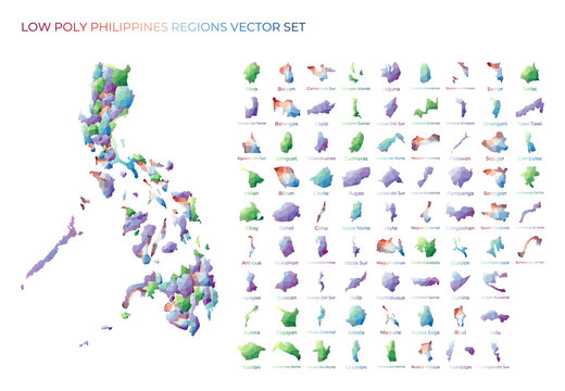 Filipino low poly regions. Polygonal map of Philippines with regions. Geometric maps for your design. Vibrant vector illustration.