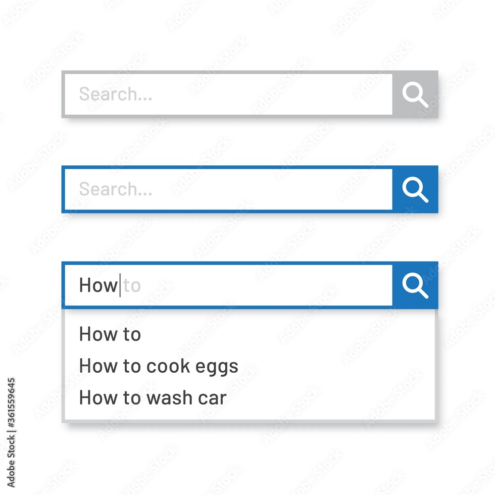 Poster search bar set. ui vector elements with pop up list of search results.