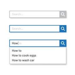 Search bar set. UI vector elements with pop up list of search results. 