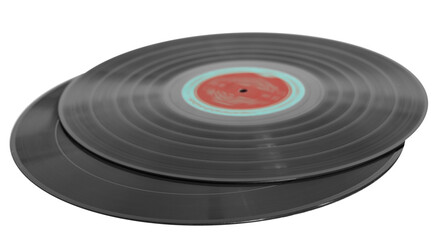 Two black vinyl records on a white background, isolated.