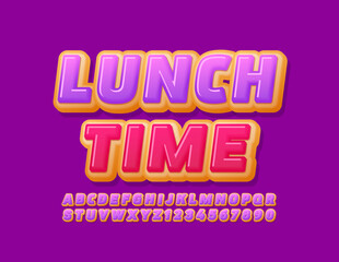Vector bright emblem Lunch Time with Violet Glazed Font. Sweet Donut Alphabet Letters and Numbers