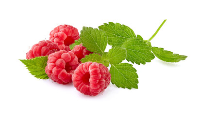 Juicy raspberry with leaves of mint. Raspberries  Isolated on White Background. Ripe berries isolated.