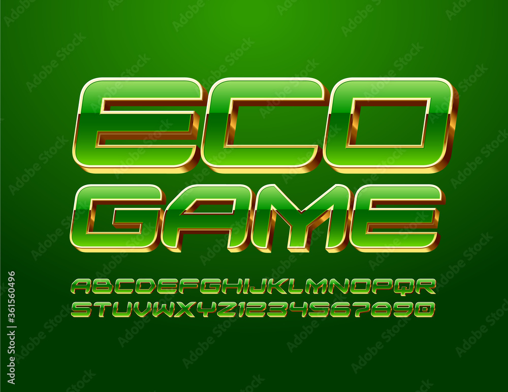 Fototapete vector trendy emblem eco game with gold and green alphabet letters and numbers. shiny elite font